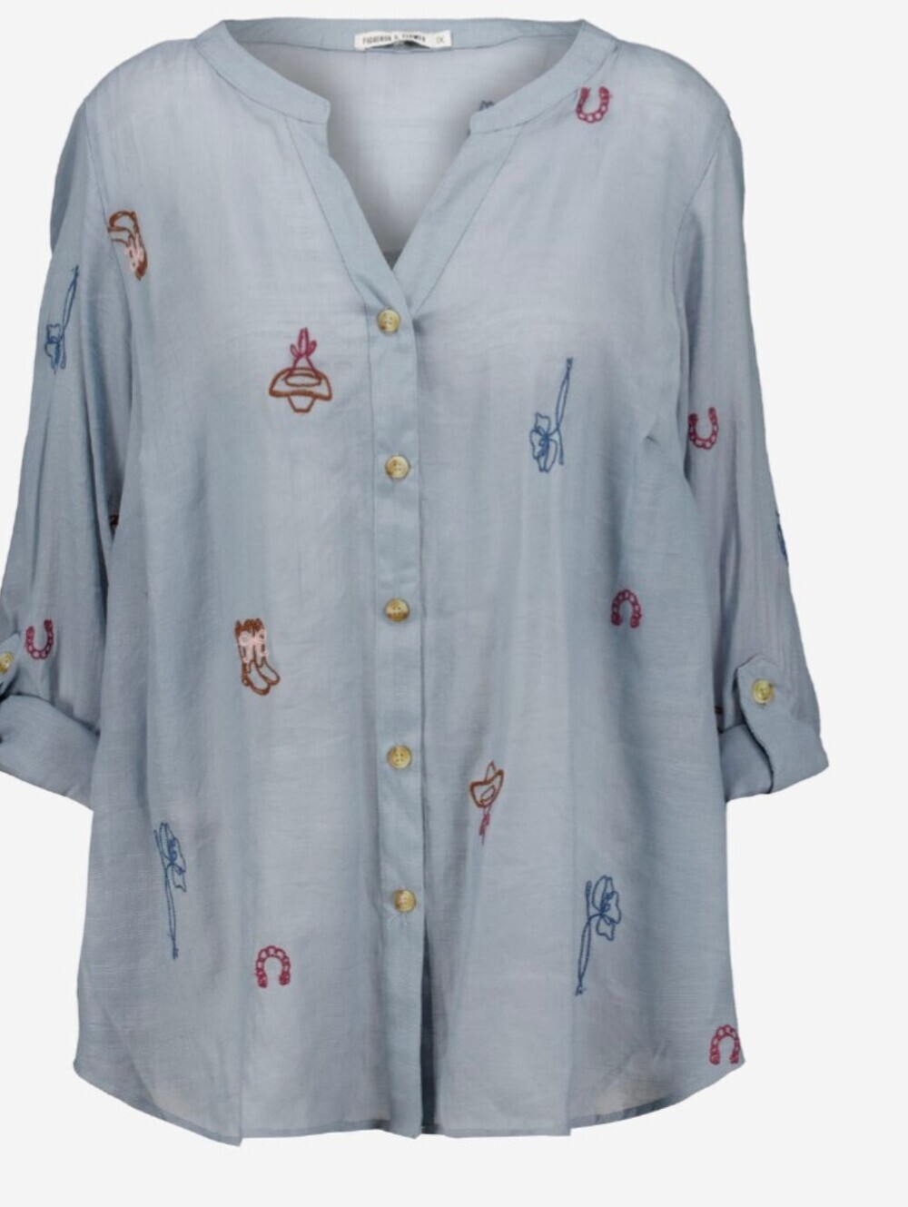 fig and flower Sky Blue Embroidered Button-Down Shirt - Picture 2 of 8